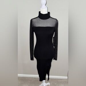 Almost Famous Elegant Black Knit Bodycon Dress. Sheer Long Sleeves And Neckline
